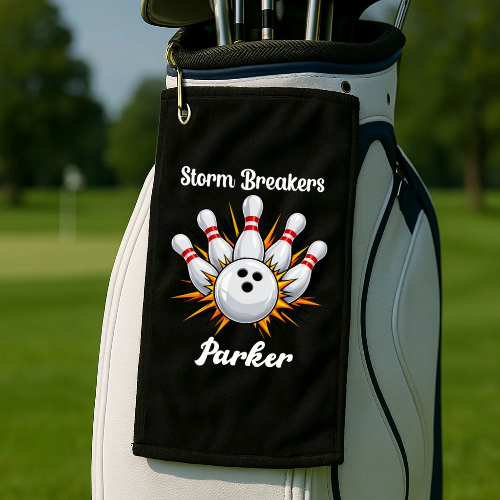 Custom Bowling Team Name & Player Name – Personalized Strike Explosion Design Golf Towel - Front 2