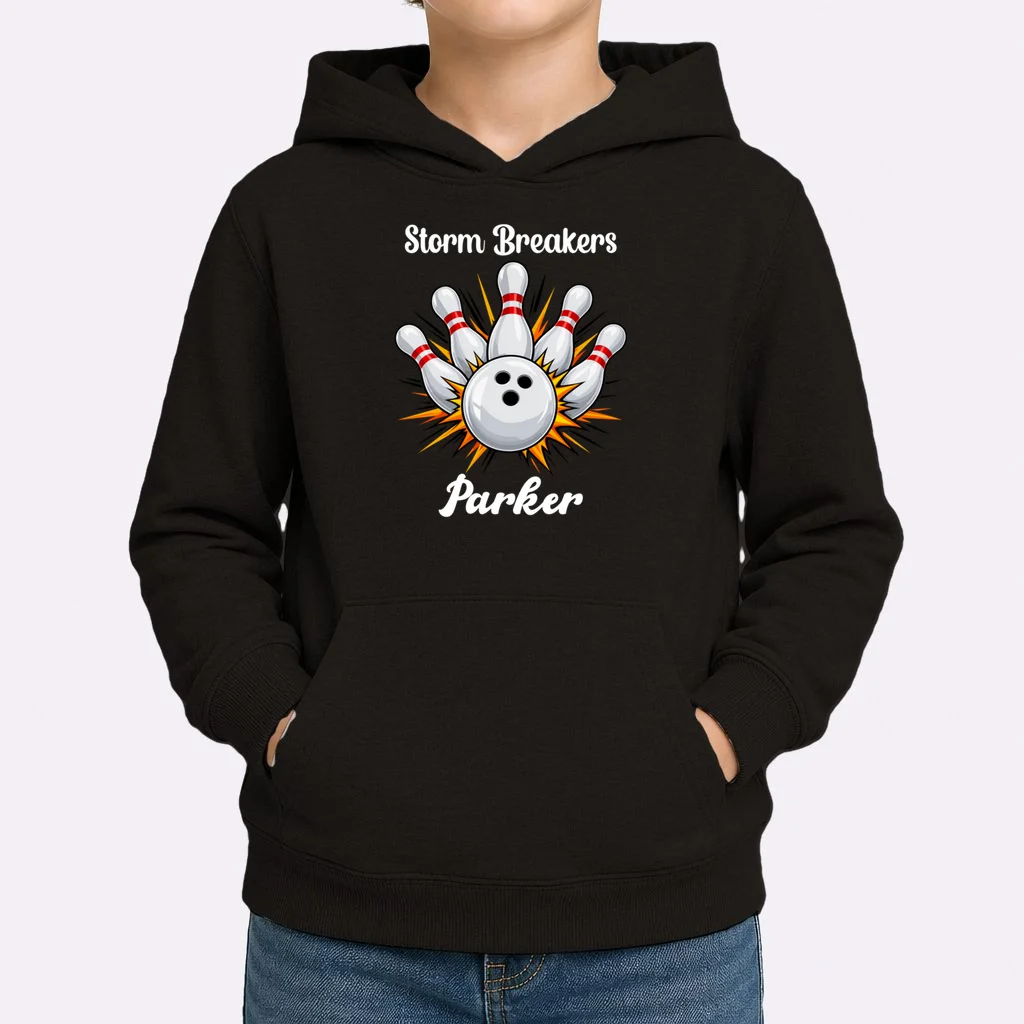 Custom Bowling Team Name & Player Name – Personalized Strike Explosion Design Kids Hoodie - Front 1