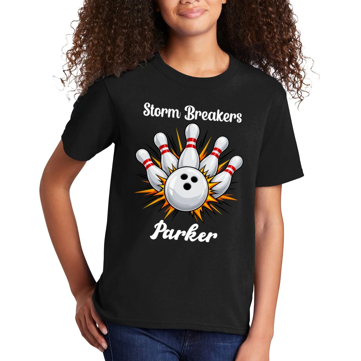 Custom Bowling Team Name & Player Name – Personalized Strike Explosion Design Kids T-Shirt - Front 1