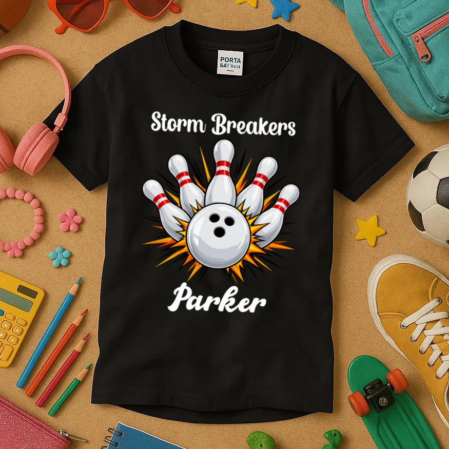 Custom Bowling Team Name & Player Name – Personalized Strike Explosion Design Kids T-Shirt - Front 2