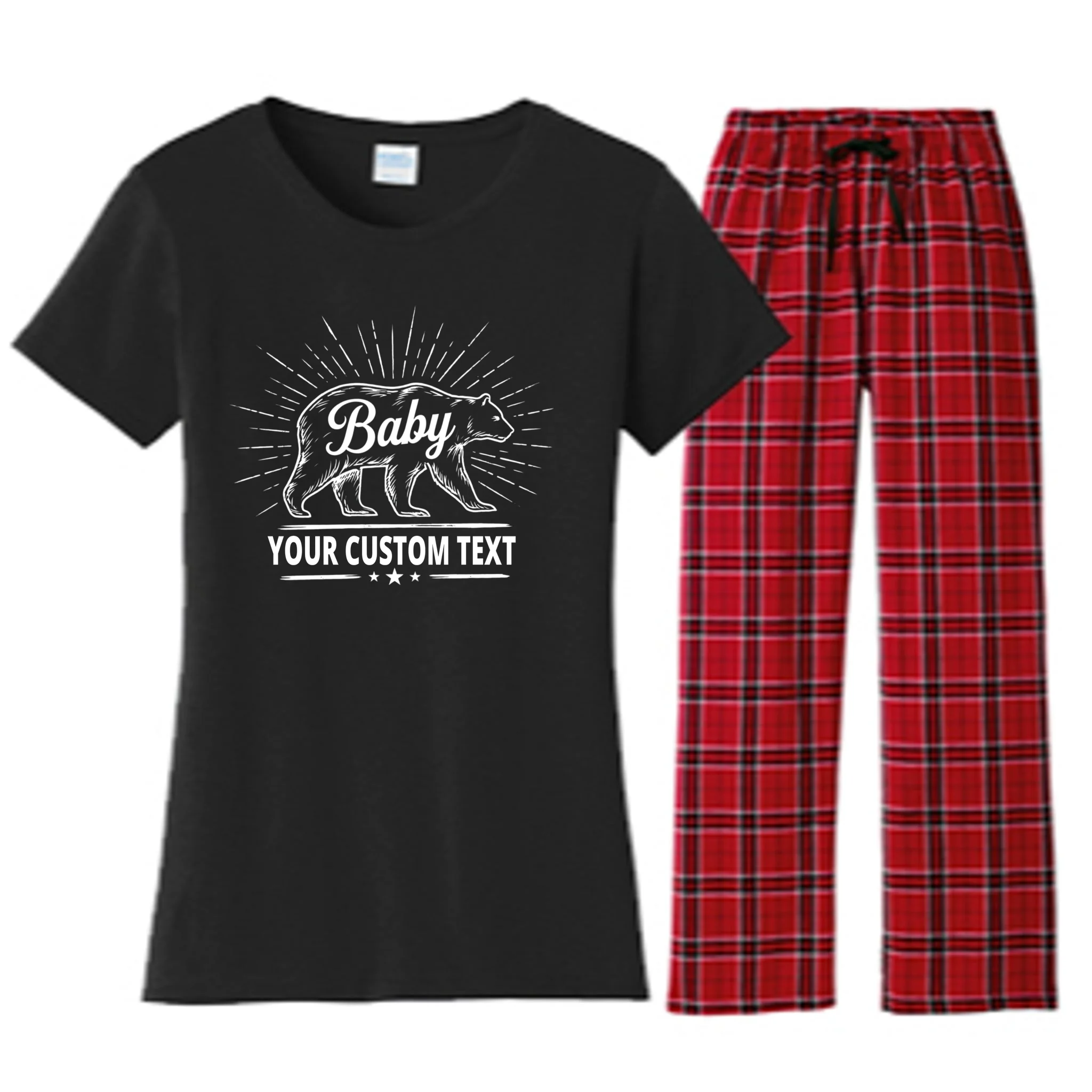 Cute Baby Bear Custom Text Women's Flannel Pajama Set - Front