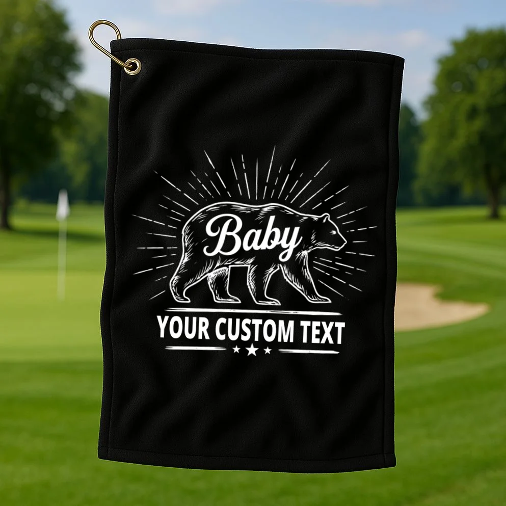 Cute Baby Bear Custom Text Golf Towel - Front 1