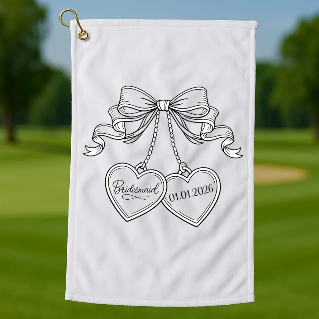 Bridesmaid Wedding Date Gift Locket Golf Towel - Front 1