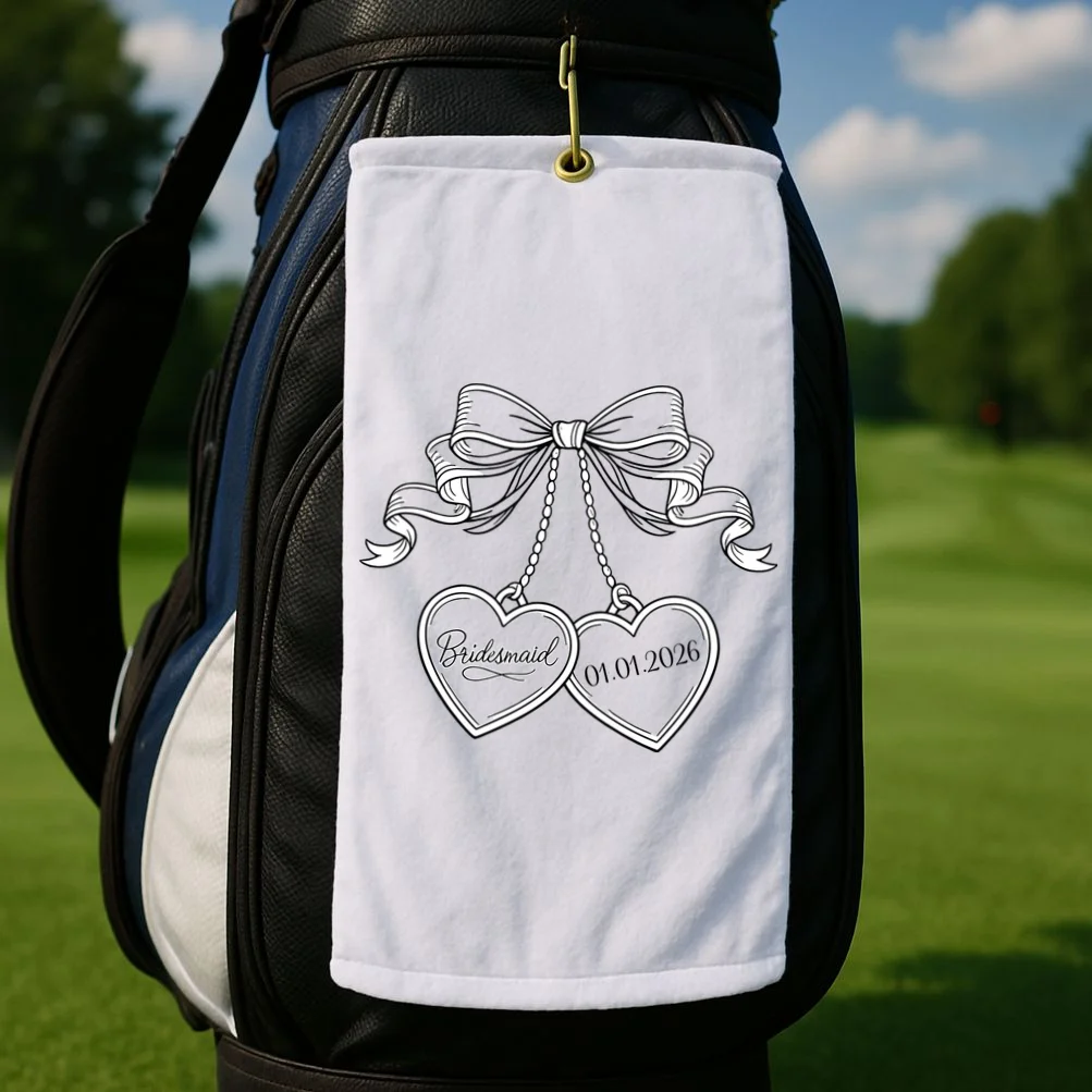 Bridesmaid Wedding Date Gift Locket Golf Towel - Front 2