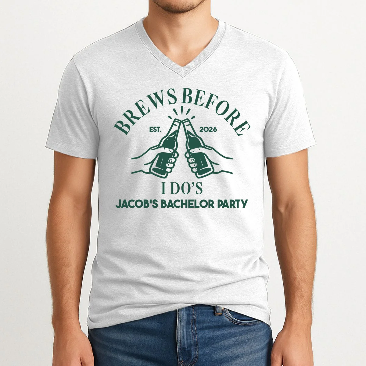 Brews Before I Do's Custom Bachelor Party V-Neck T-Shirt - Front 1