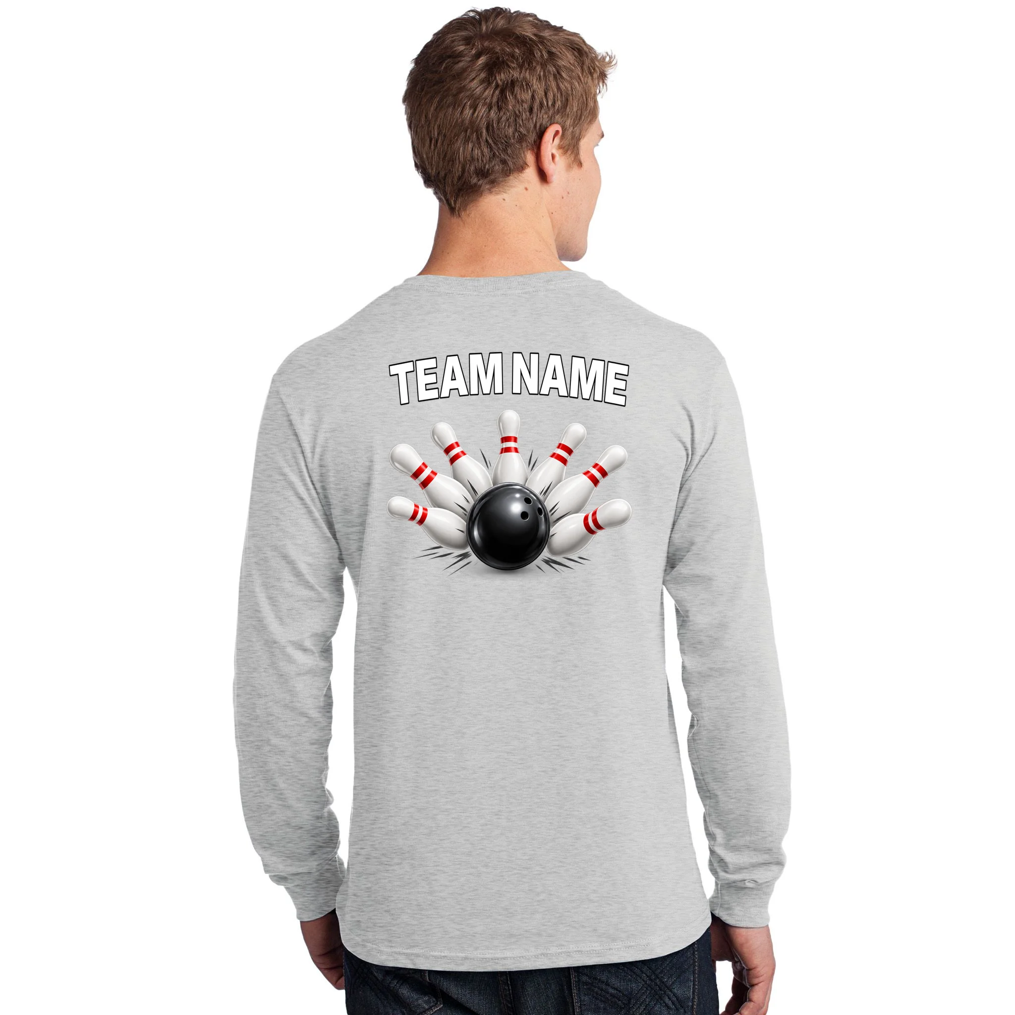 Bowling Team Name & Player Name Personalized Gift - Custom Bowling Pins and Ball Design Men's Long Sleeve Shirt - Back - Close-up