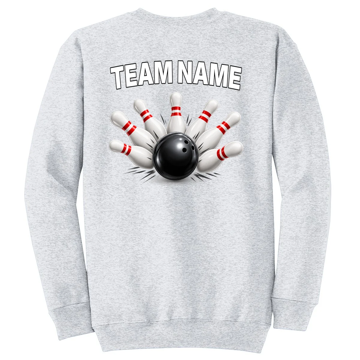 Bowling Team Name & Player Name Personalized Gift - Custom Bowling Pins and Ball Design Men's Sweatshirt - Back - Close-up