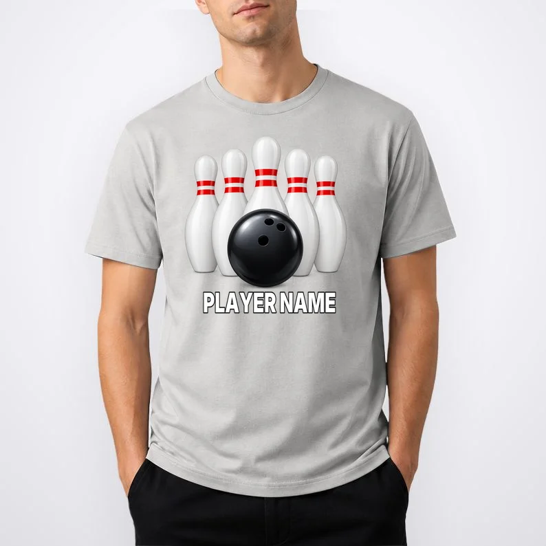 Bowling Team Name & Player Name Personalized Gift - Custom Bowling Pins and Ball Design Men's T-Shirt - Front 1
