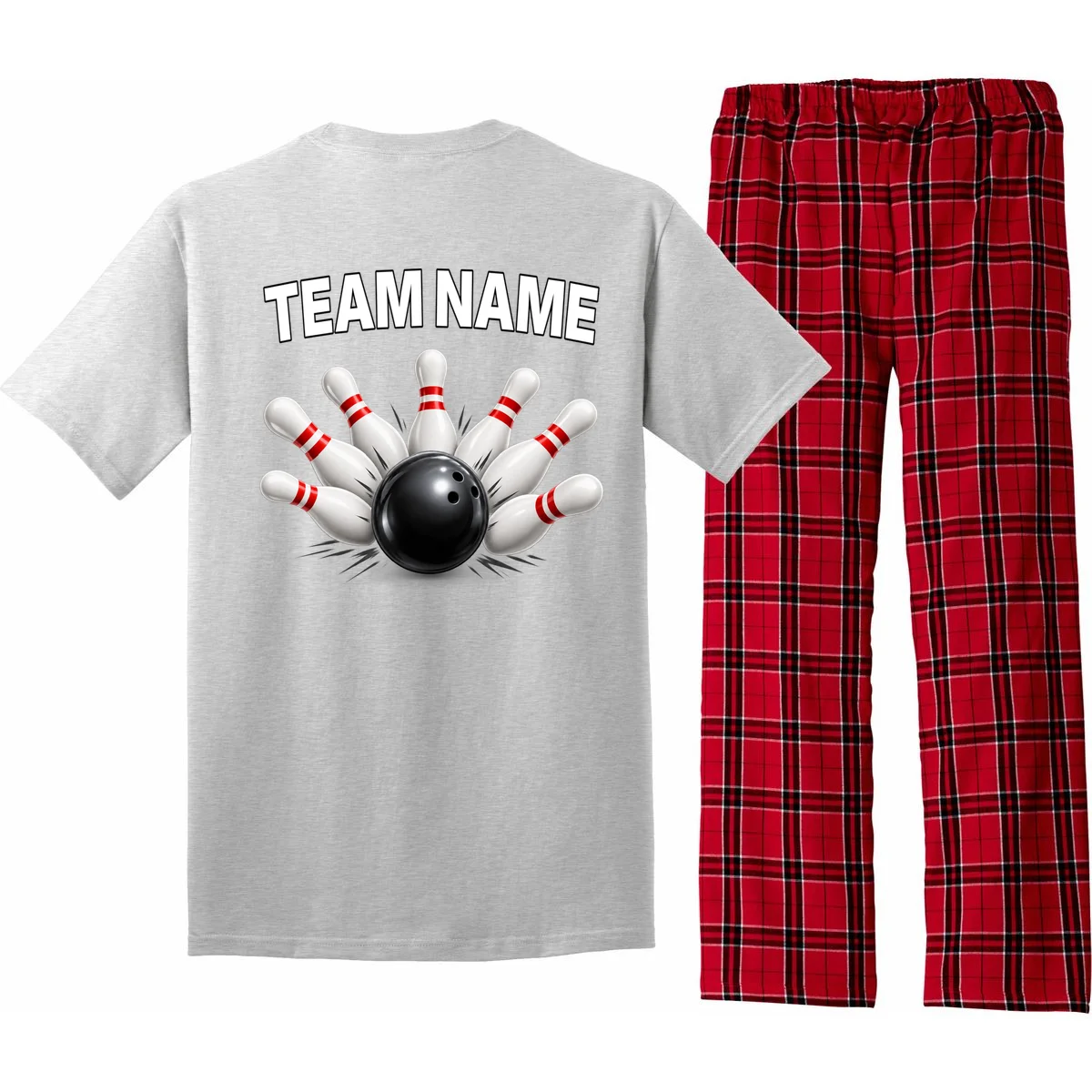 Bowling Team Name & Player Name Personalized Gift - Custom Bowling Pins and Ball Design Men's Pajamas - Back - Close-up
