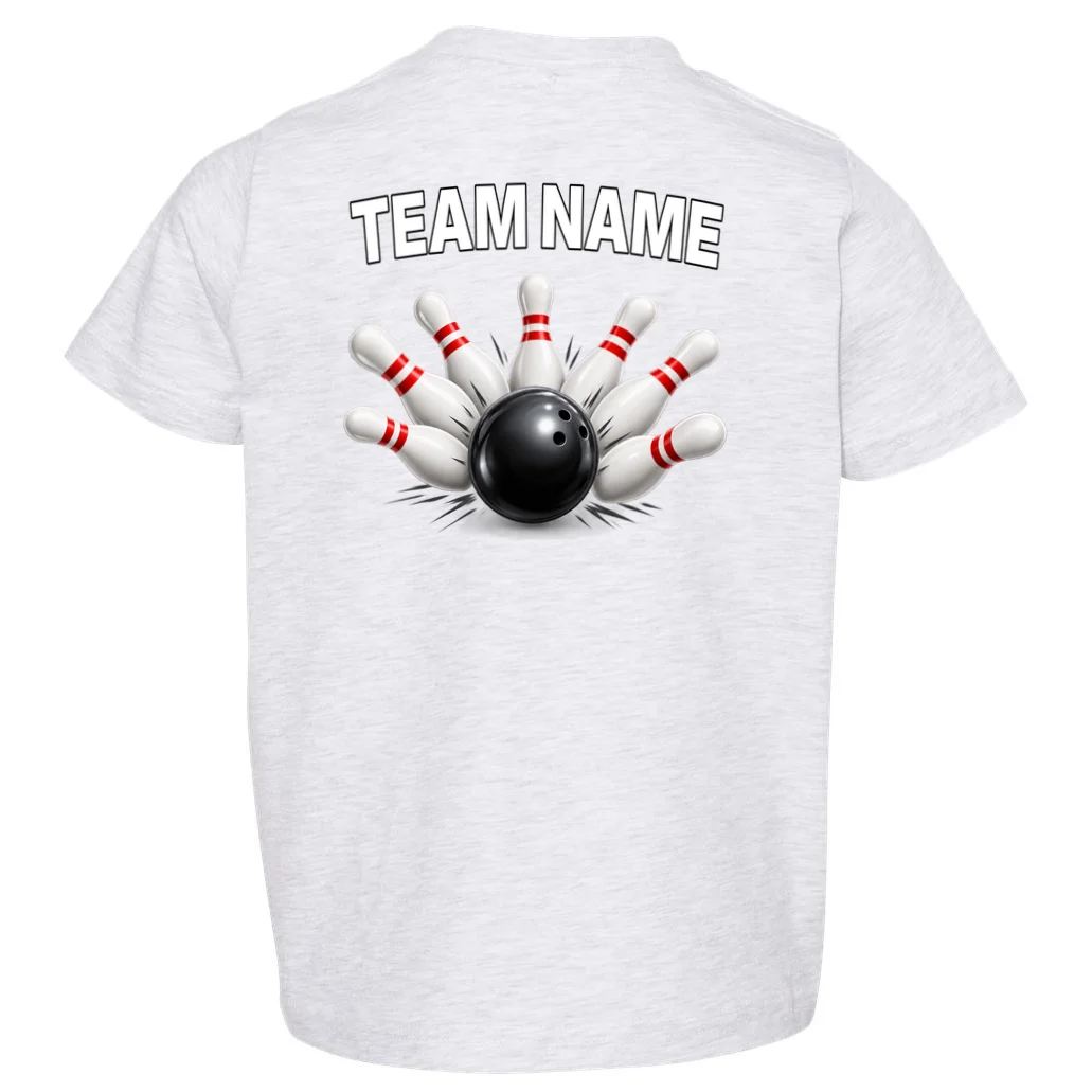 Bowling Team Name & Player Name Personalized Gift - Custom Bowling Pins and Ball Design Toddler T-Shirt - Back - Close-up