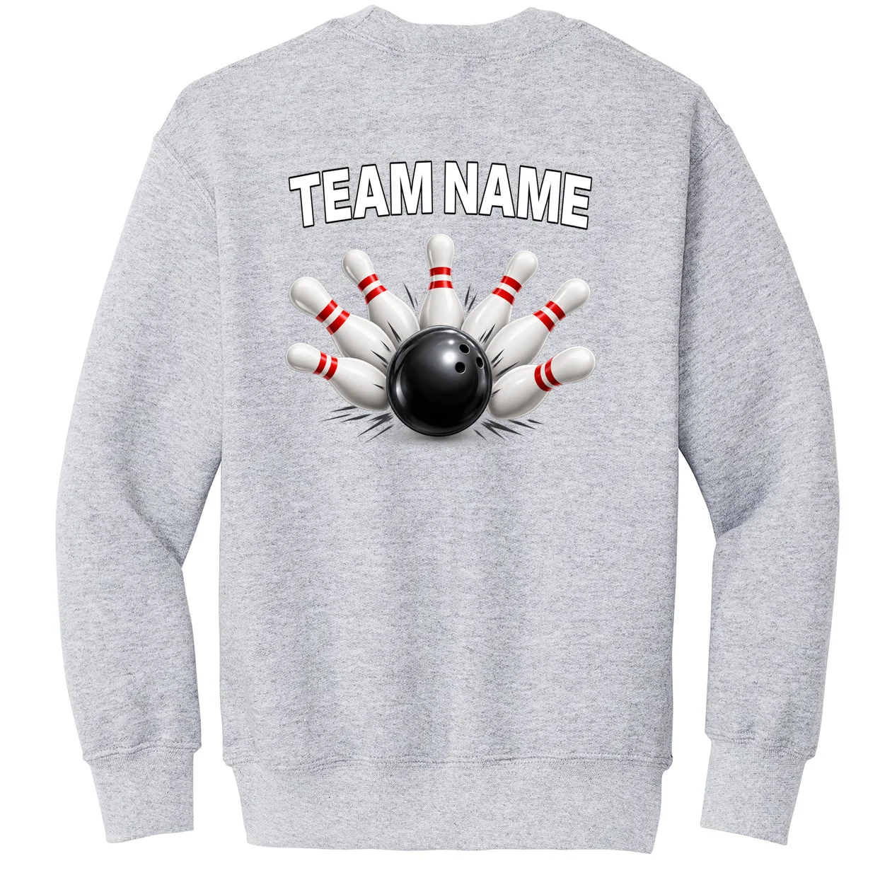 Bowling Team Name & Player Name Personalized Gift - Custom Bowling Pins and Ball Design Kids Sweatshirt - Back - Close-up