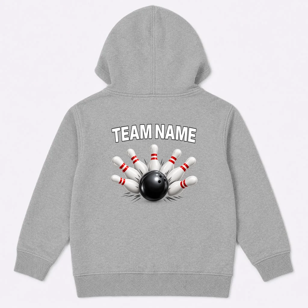 Bowling Team Name & Player Name Personalized Gift - Custom Bowling Pins and Ball Design Kids Hoodie - Back