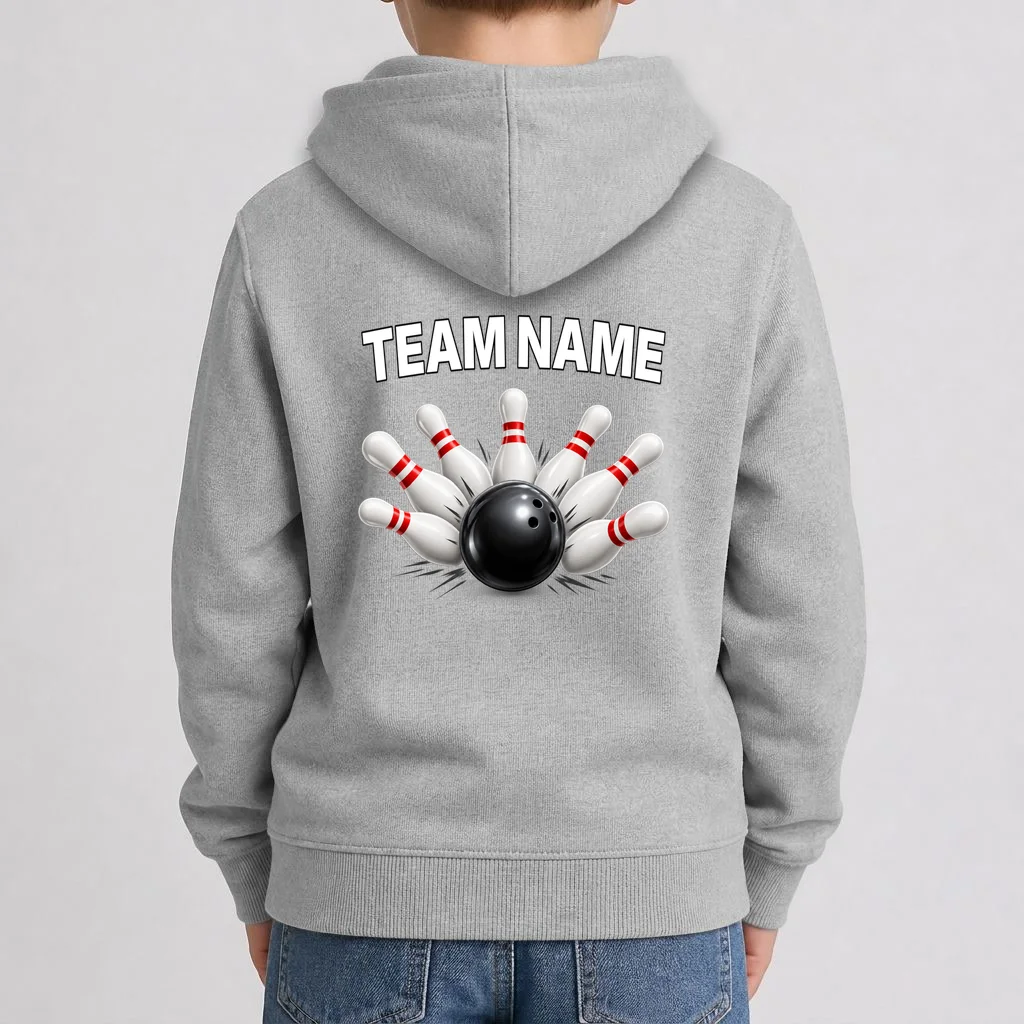 Bowling Team Name & Player Name Personalized Gift - Custom Bowling Pins and Ball Design Kids Hoodie - Back 1