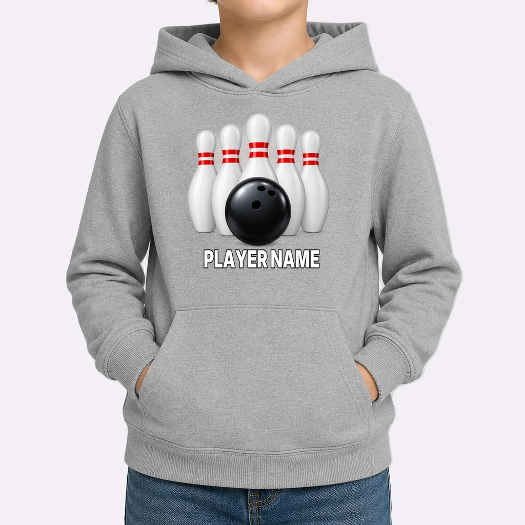 Bowling Team Name & Player Name Personalized Gift - Custom Bowling Pins and Ball Design Kids Hoodie - Front 1