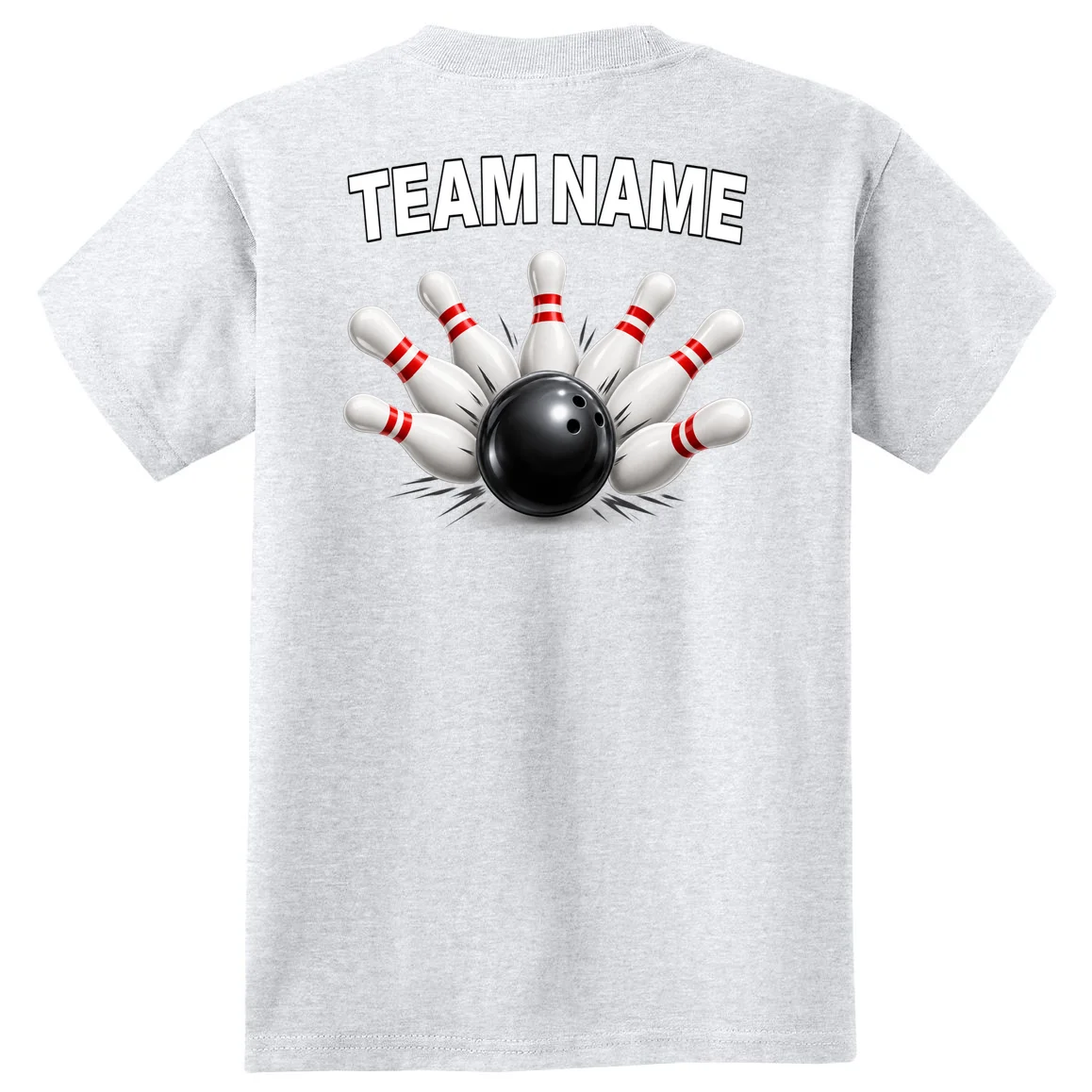 Bowling Team Name & Player Name Personalized Gift - Custom Bowling Pins and Ball Design Kids T-Shirt - Back - Close-up
