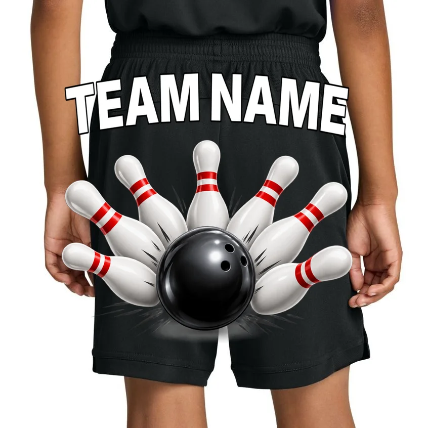 Bowling Team Name & Player Name Personalized Gift - Custom Bowling Pins and Ball Design Kids Shorts - Back 1
