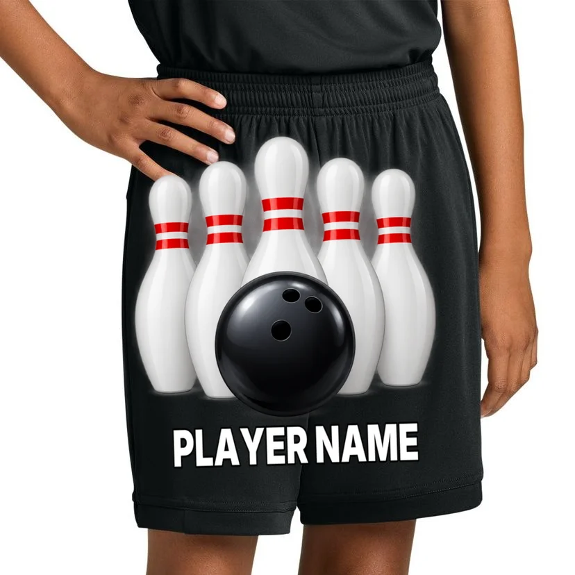 Bowling Team Name & Player Name Personalized Gift - Custom Bowling Pins and Ball Design Kids Shorts - Front 1