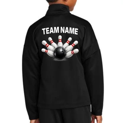 Bowling Team Name & Player Name Personalized Gift - Custom Bowling Pins and Ball Design Kids Jacket - Back - Close-up