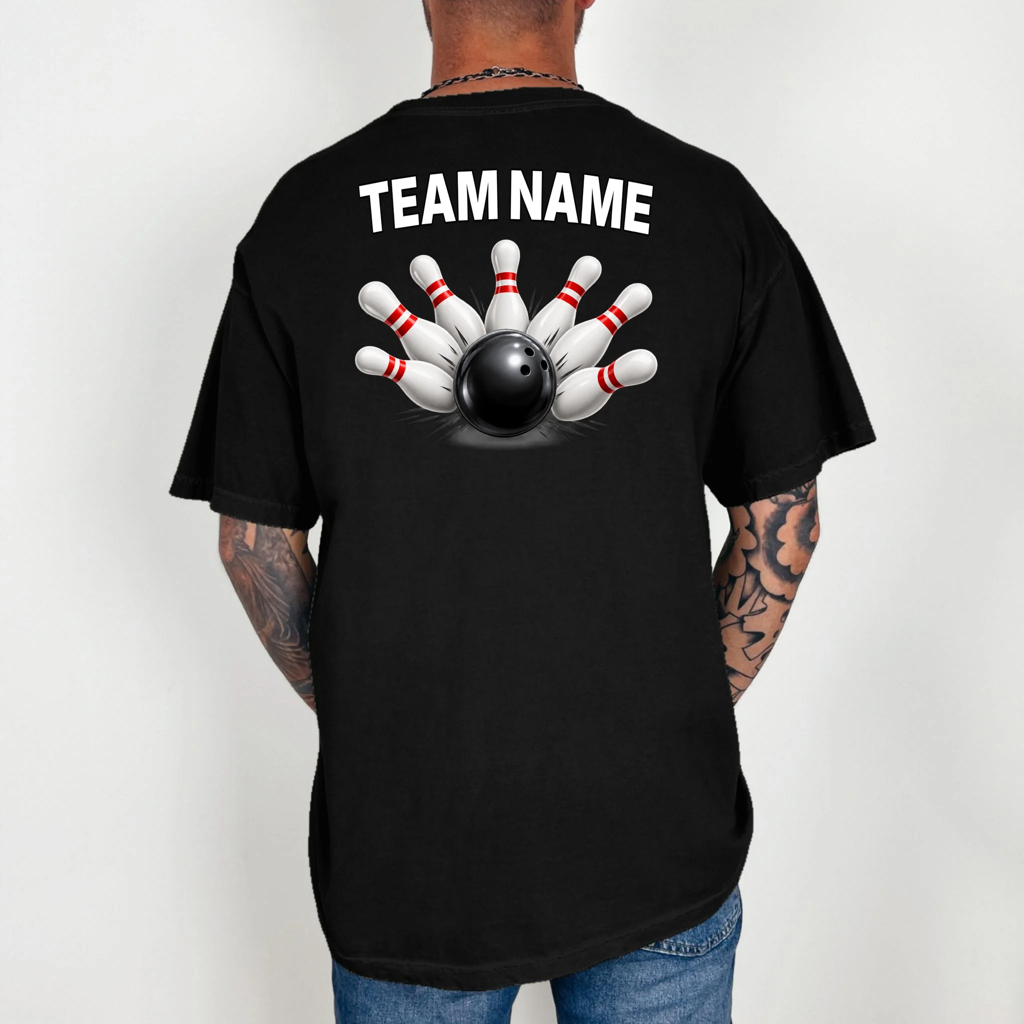 Bowling Team Name & Player Name Personalized Gift - Custom Bowling Pins and Ball Design Comfort Colors Unisex T-Shirt - Back 2