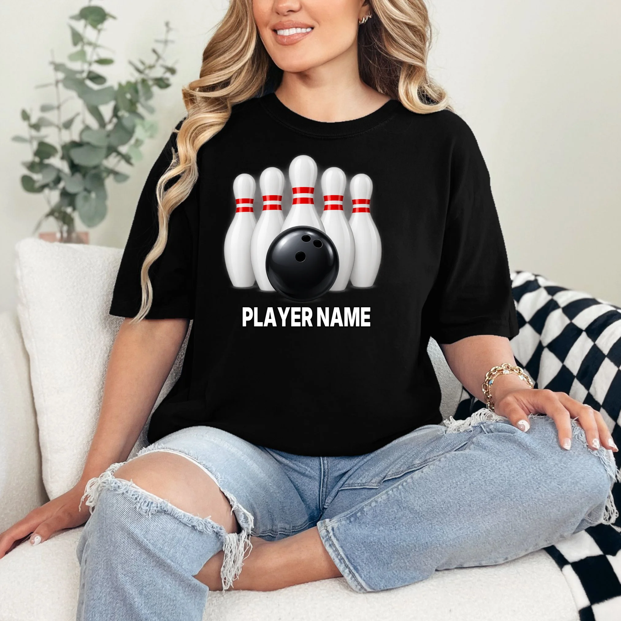 Bowling Team Name & Player Name Personalized Gift - Custom Bowling Pins and Ball Design Comfort Colors Unisex T-Shirt - Front 1