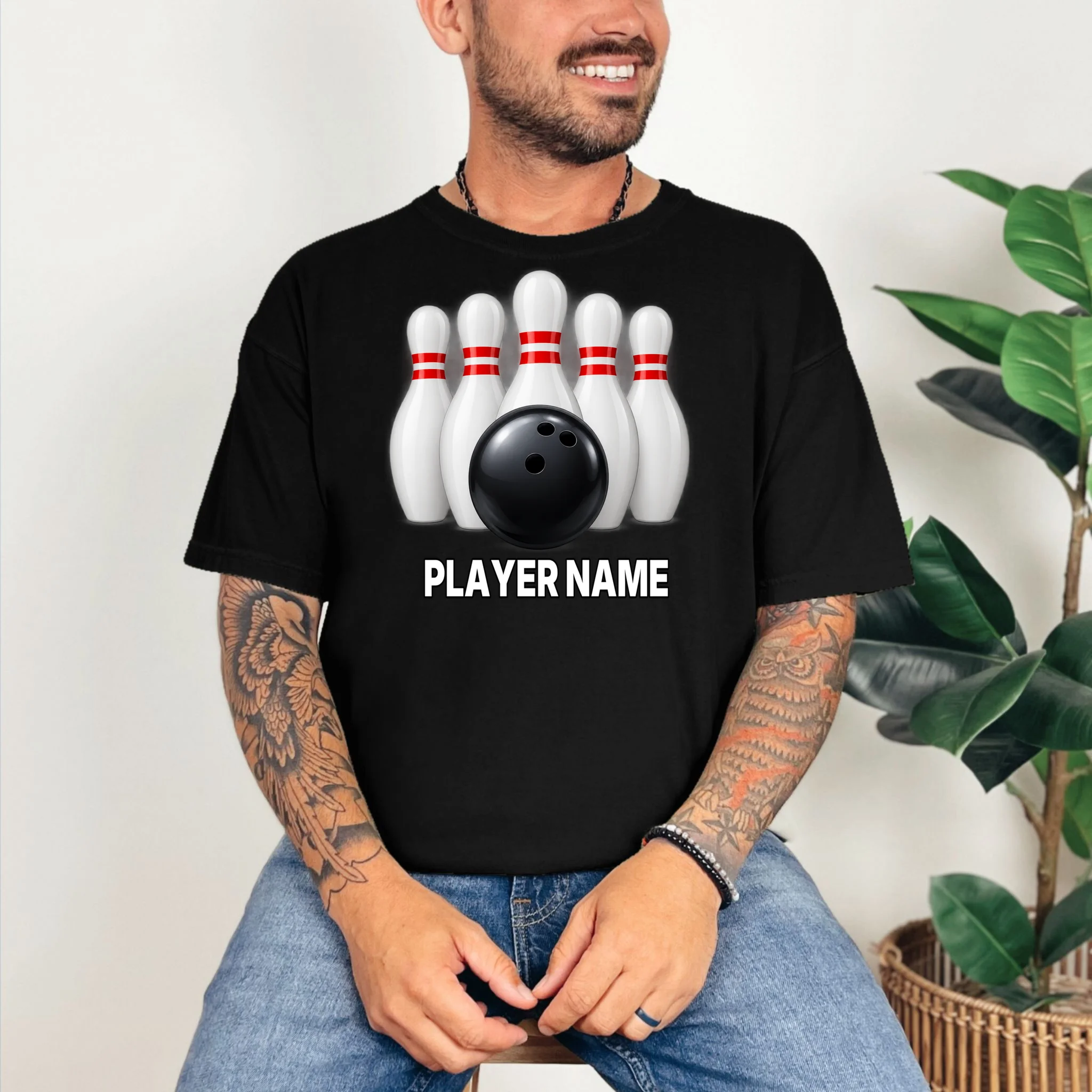 Bowling Team Name & Player Name Personalized Gift - Custom Bowling Pins and Ball Design Comfort Colors Unisex T-Shirt - Front 2