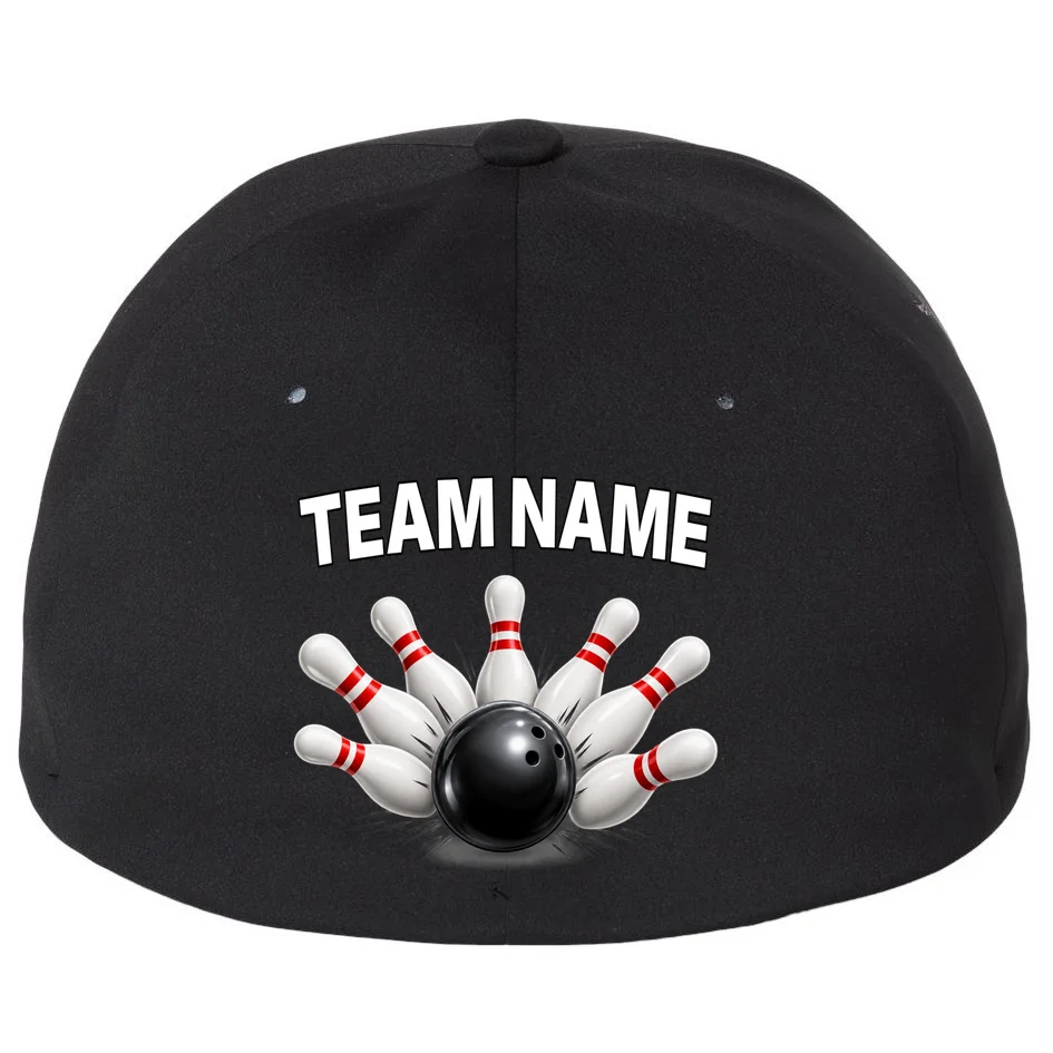 Bowling Team Name & Player Name Personalized Gift - Custom Bowling Pins and Ball Design Flexfit Men's Snapback Hat - Back - Close-up