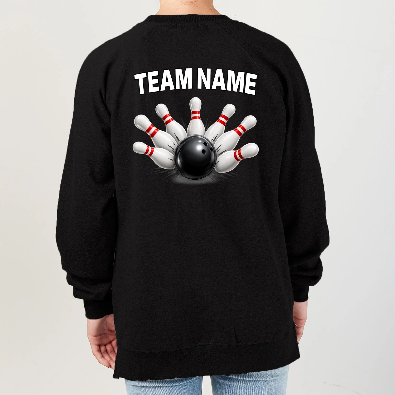 Bowling Team Name & Player Name Personalized Gift - Custom Bowling Pins and Ball Design Women's Sweatshirt - Back - Close-up