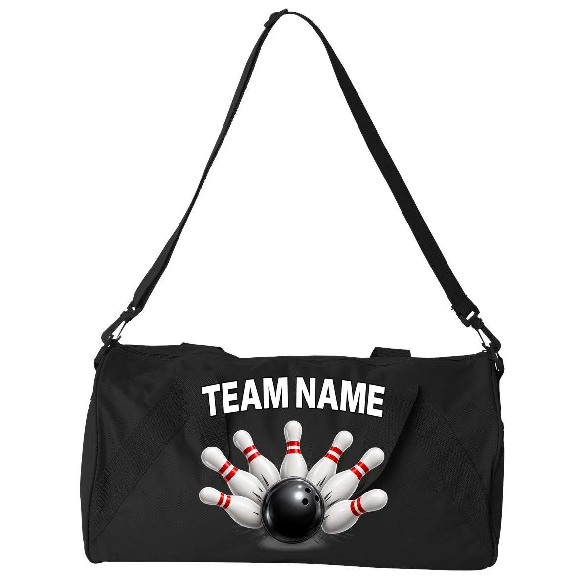 Bowling Team Name & Player Name Personalized Gift - Custom Bowling Pins and Ball Design Duffel Bag - Back - Close-up