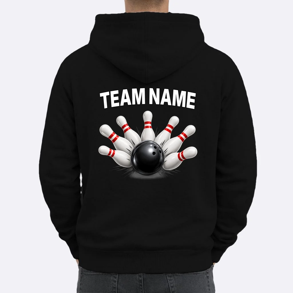 Bowling Team Name & Player Name Personalized Gift - Custom Bowling Pins and Ball Design Men's Hoodie - Back 1