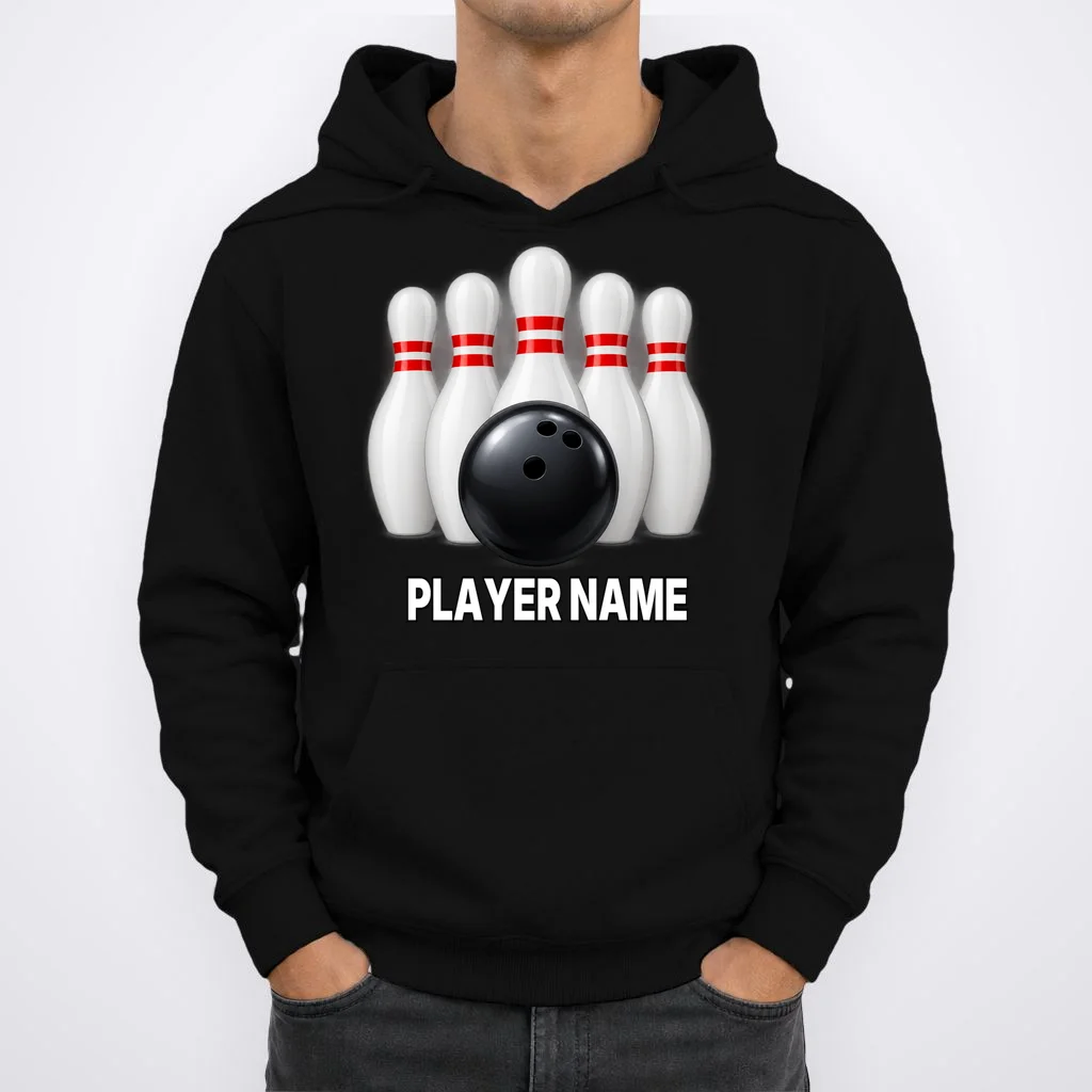 Bowling Team Name & Player Name Personalized Gift - Custom Bowling Pins and Ball Design Men's Hoodie - Front 1