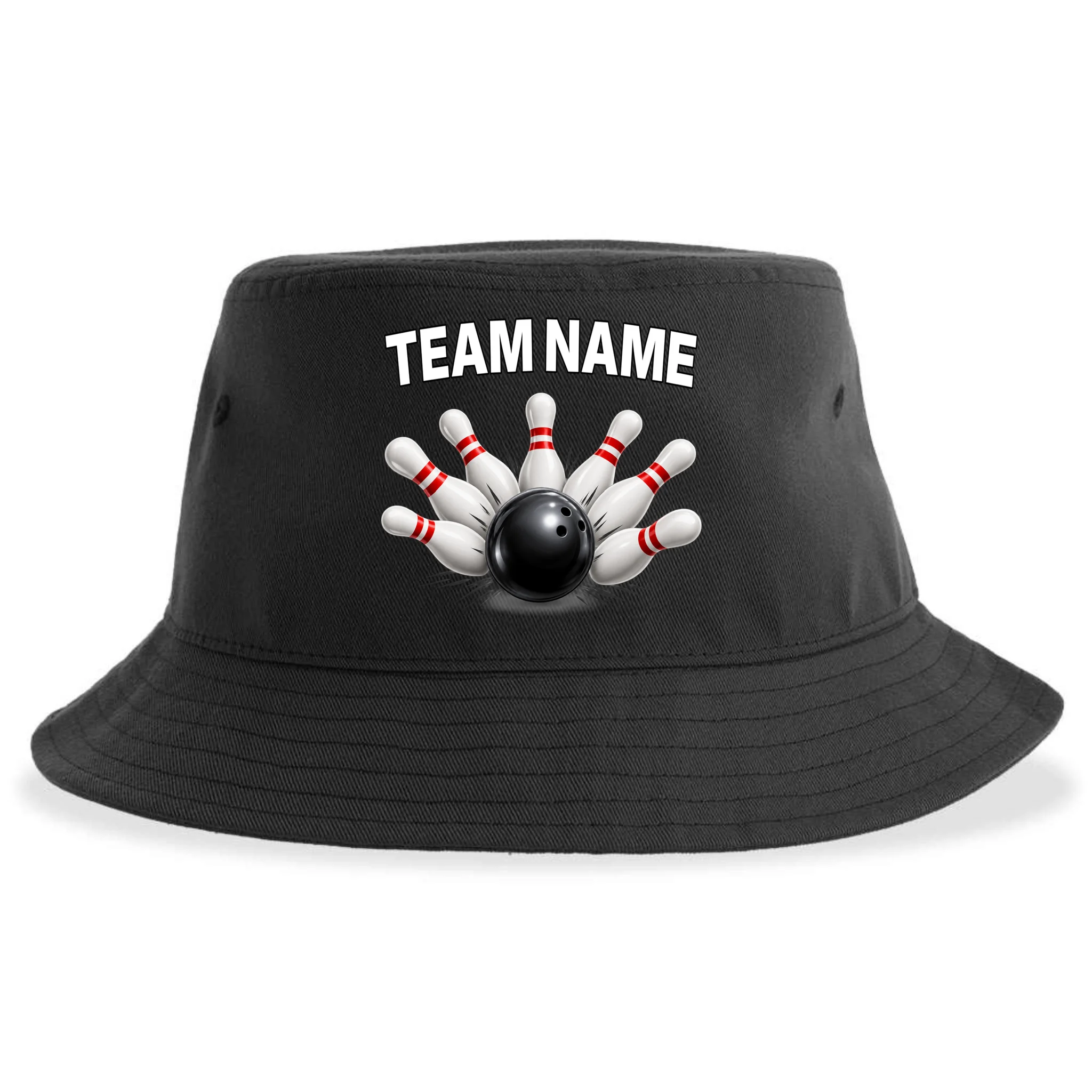 Bowling Team Name & Player Name Personalized Gift - Custom Bowling Pins and Ball Design Bucket Hat - Back - Close-up