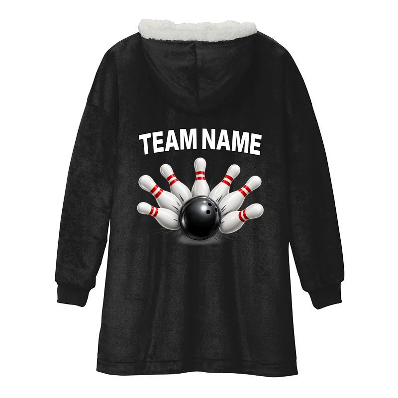 Bowling Team Name & Player Name Personalized Gift - Custom Bowling Pins and Ball Design Hooded Blanket - Back - Close-up