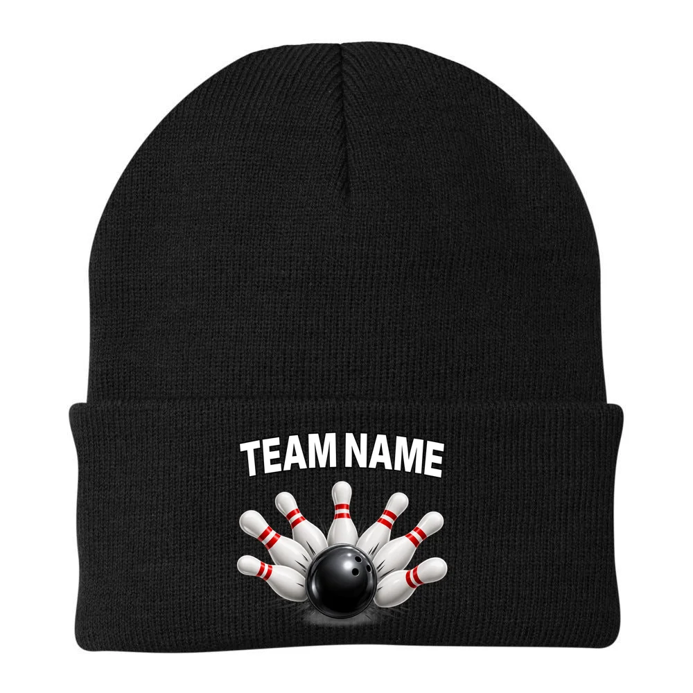 Bowling Team Name & Player Name Personalized Gift - Custom Bowling Pins and Ball Design Beanie - Back - Close-up