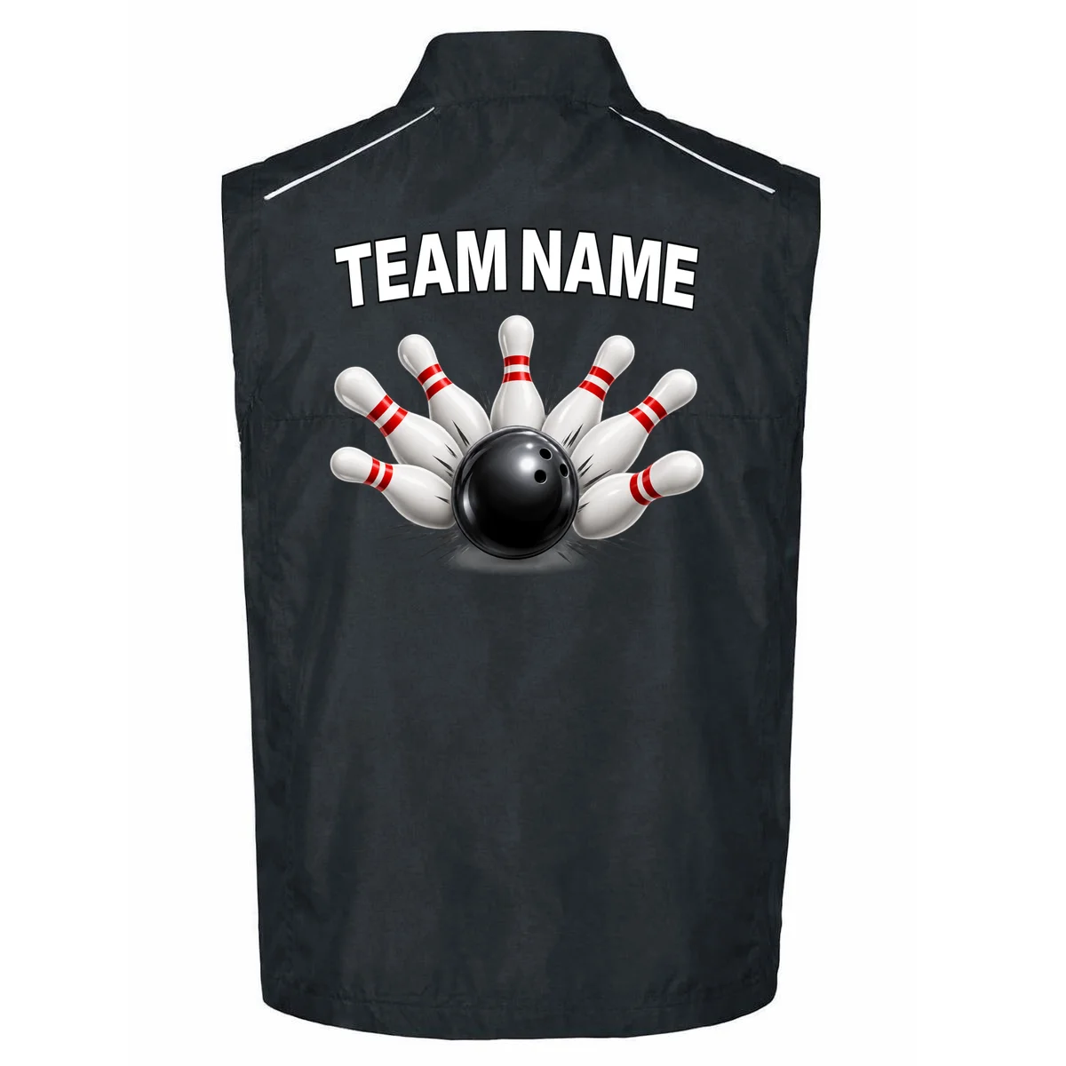 Bowling Team Name & Player Name Personalized Gift - Custom Bowling Pins and Ball Design Men's Vest - Back - Close-up