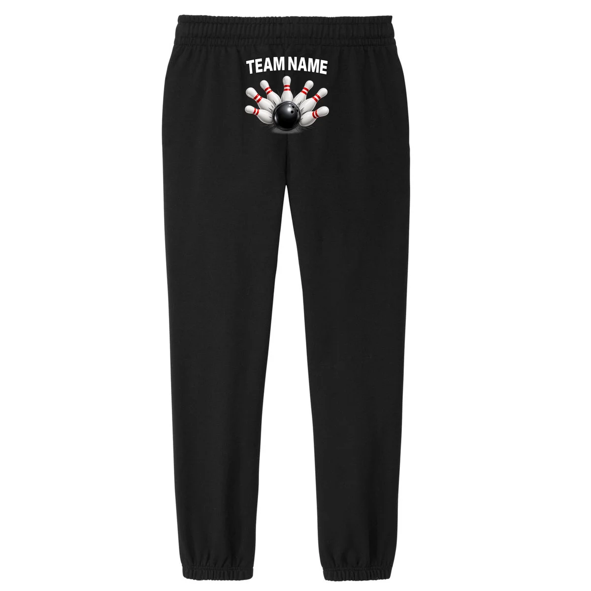 Bowling Team Name & Player Name Personalized Gift - Custom Bowling Pins and Ball Design Women's Fleece Sweatpants - Back - Close-up