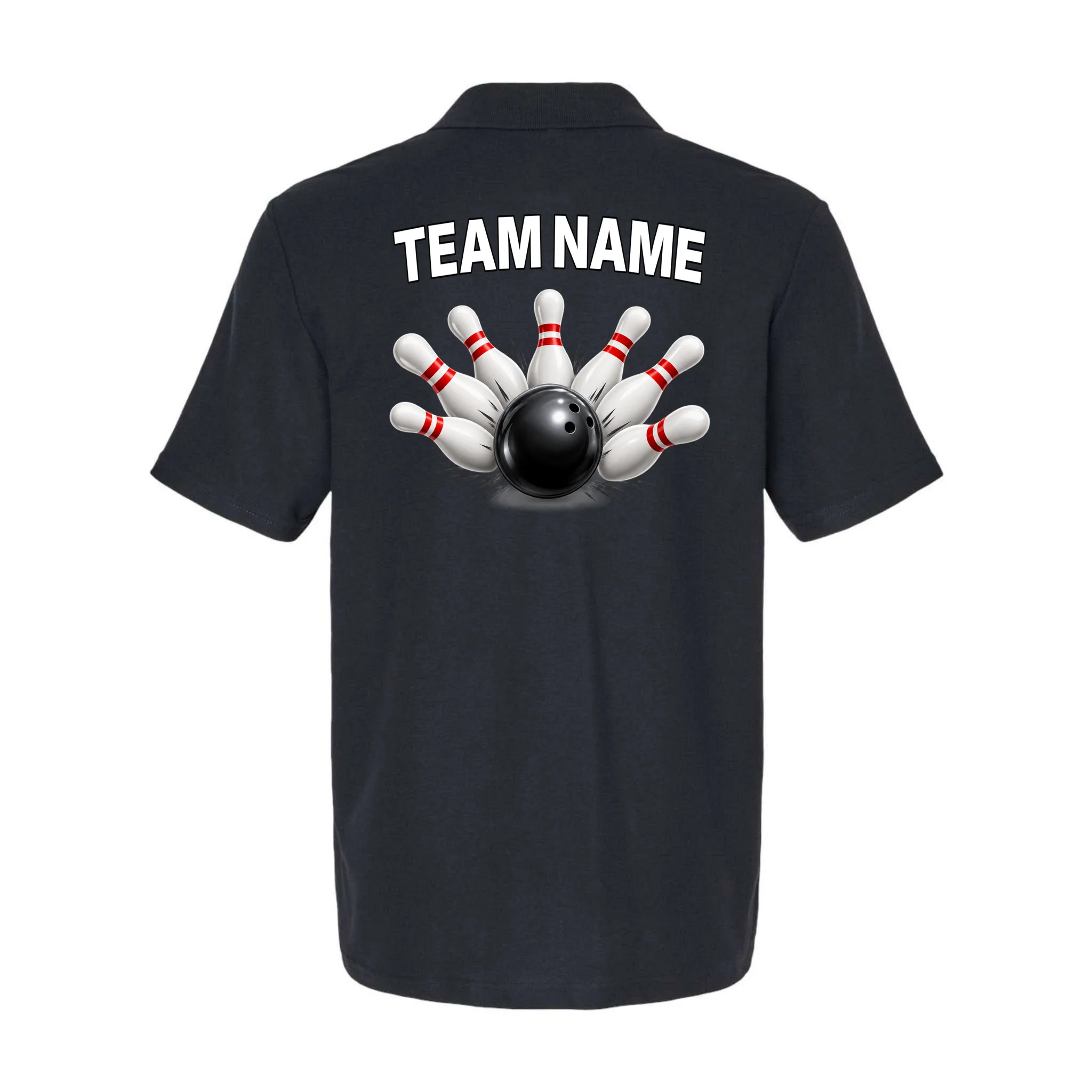 Bowling Team Name & Player Name Personalized Gift - Custom Bowling Pins and Ball Design Men's Polo - Back