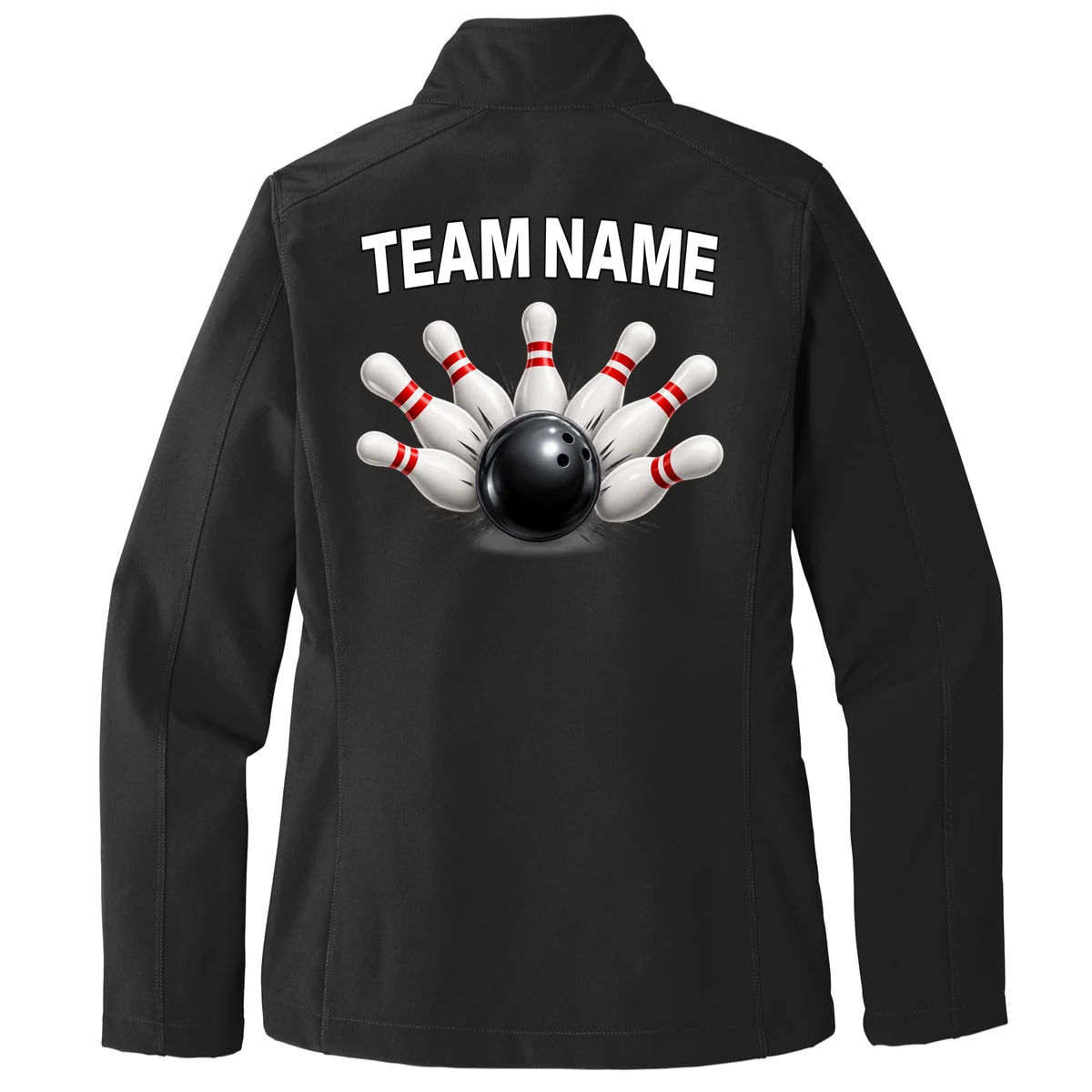 Bowling Team Name & Player Name Personalized Gift - Custom Bowling Pins and Ball Design Women's Soft Jacket - Back - Close-up