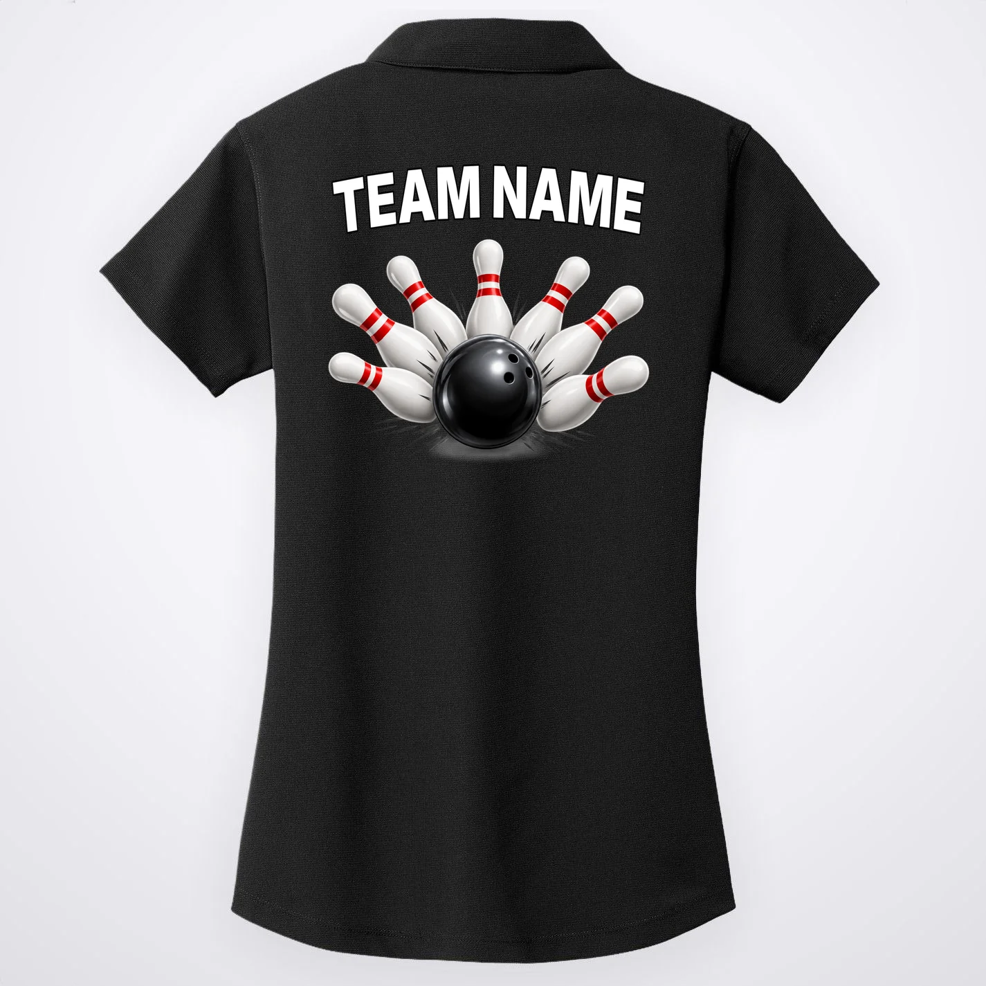 Bowling Team Name & Player Name Personalized Gift - Custom Bowling Pins and Ball Design Women's Polo - Back - Close-up