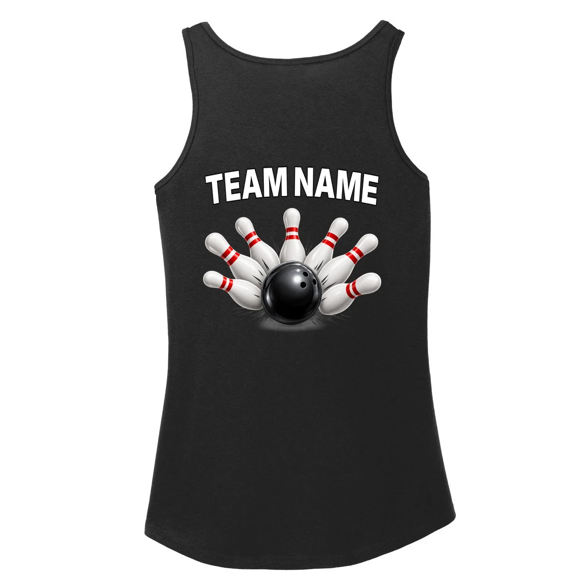 Bowling Team Name & Player Name Personalized Gift - Custom Bowling Pins and Ball Design Women's Tank Top - Back - Close-up