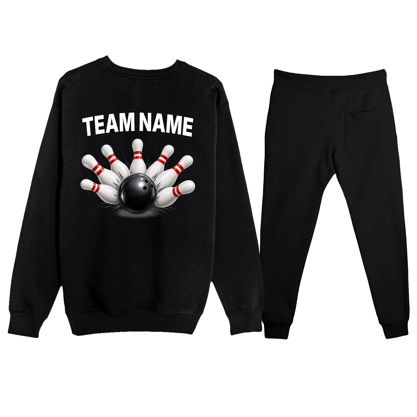 Bowling Team Name & Player Name Personalized Gift - Custom Bowling Pins and Ball Design Men's Sweatsuit - Back - Close-up