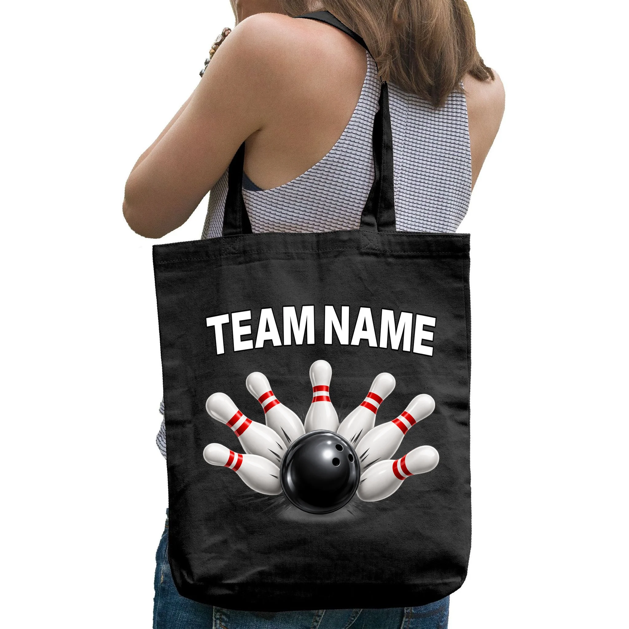 Bowling Team Name & Player Name Personalized Gift - Custom Bowling Pins and Ball Design Tote Bag - Back - Close-up