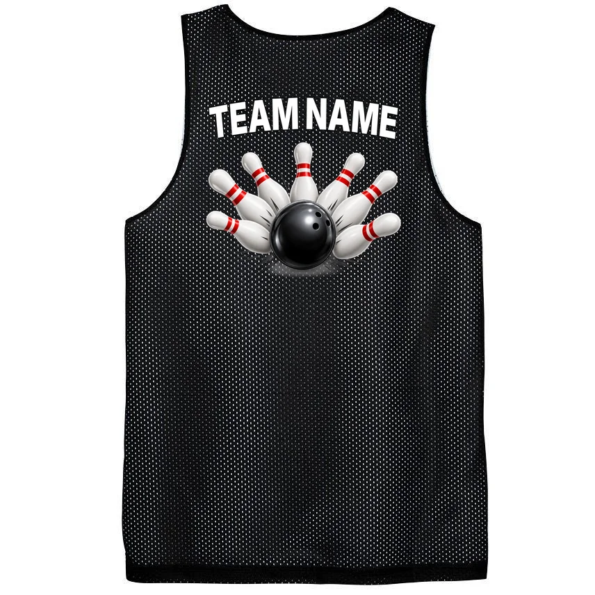 Bowling Team Name & Player Name Personalized Gift - Custom Bowling Pins and Ball Design Men's Basketball Jersey - Back - Close-up