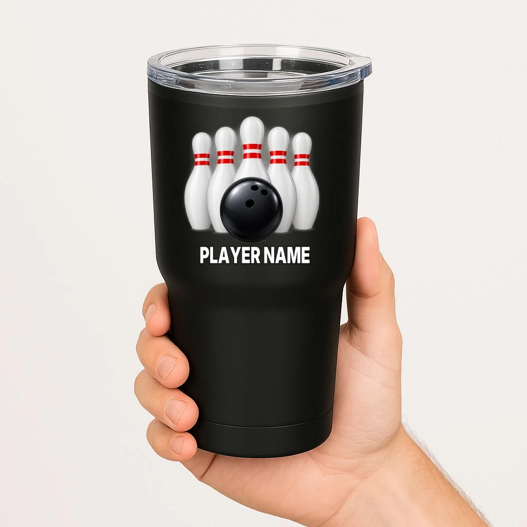 Bowling Team Name & Player Name Personalized Gift - Custom Bowling Pins and Ball Design 20oz Tumbler - Front 1
