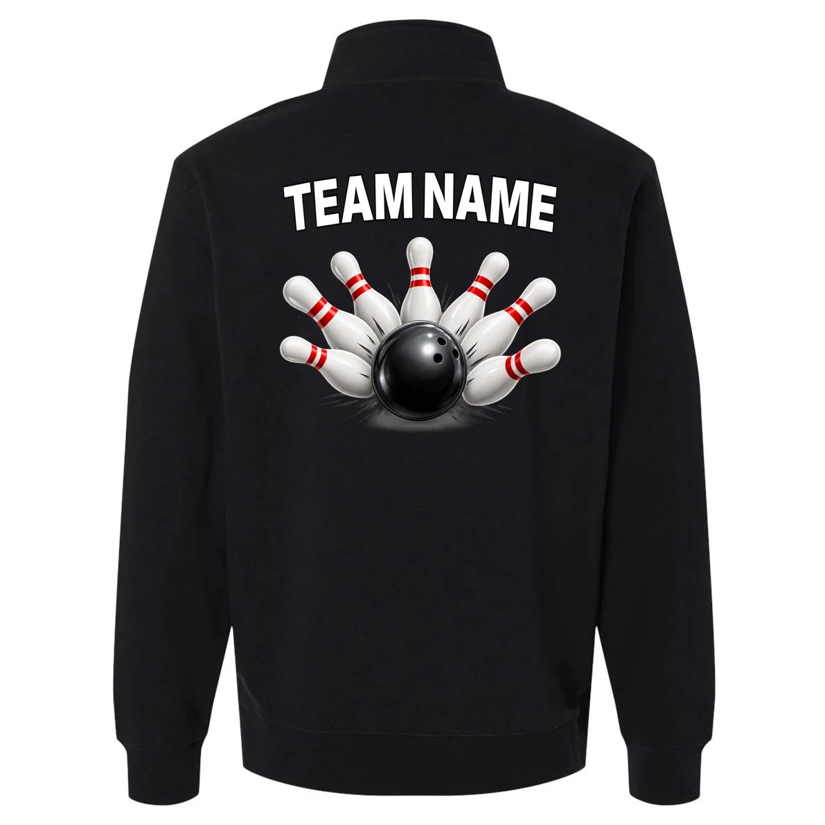 Bowling Team Name & Player Name Personalized Gift - Custom Bowling Pins and Ball Design Men's Pullover Quarter Zip - Back - Close-up