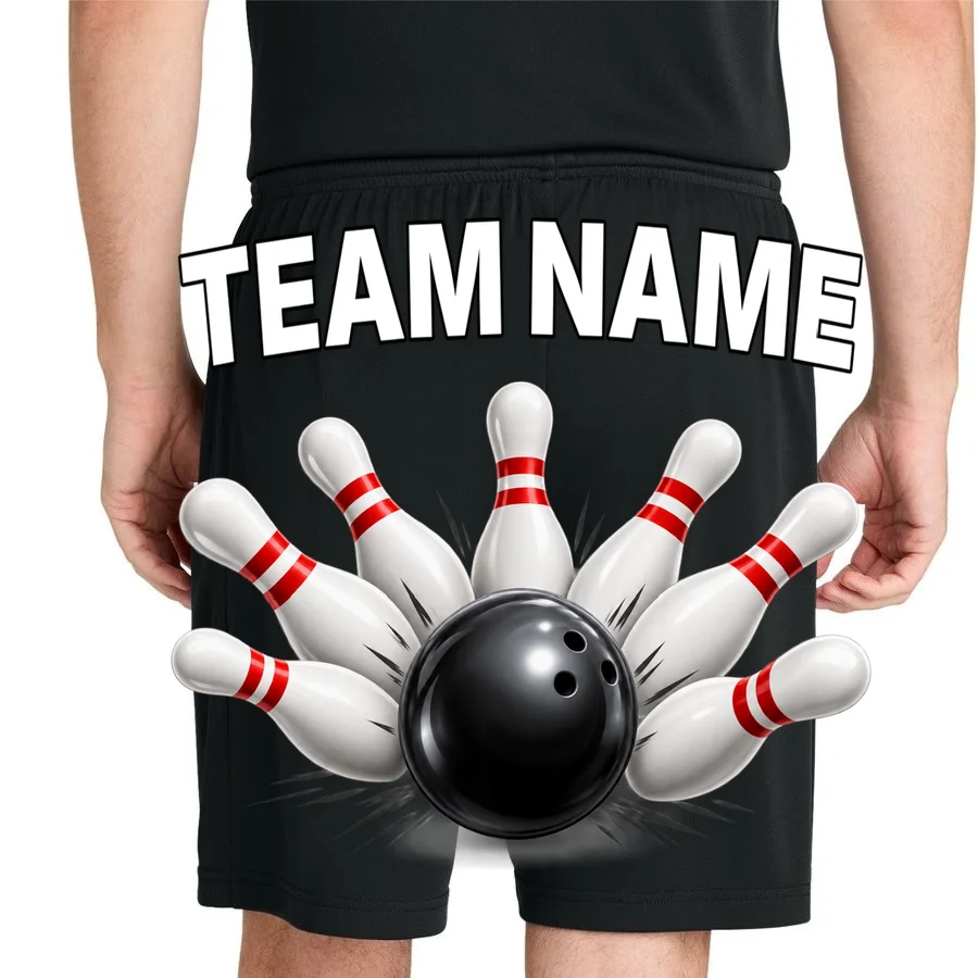 Bowling Team Name & Player Name Personalized Gift - Custom Bowling Pins and Ball Design Men's Shorts - Back 1