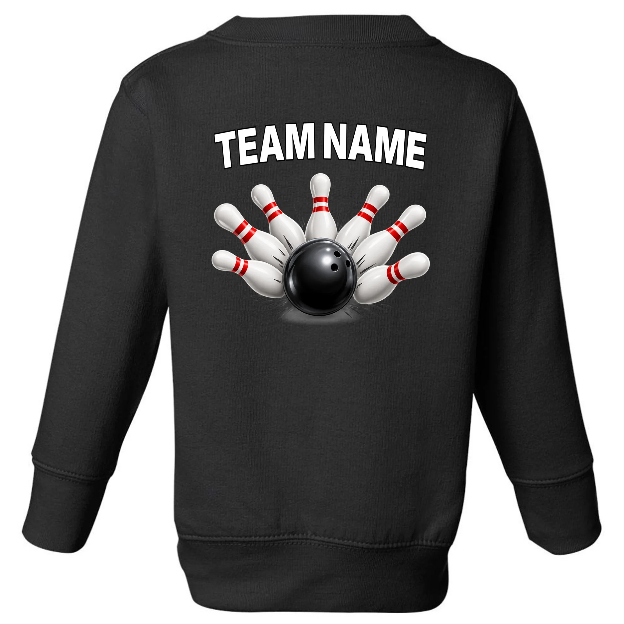 Bowling Team Name & Player Name Personalized Gift - Custom Bowling Pins and Ball Design Toddler Sweatshirt - Back - Close-up