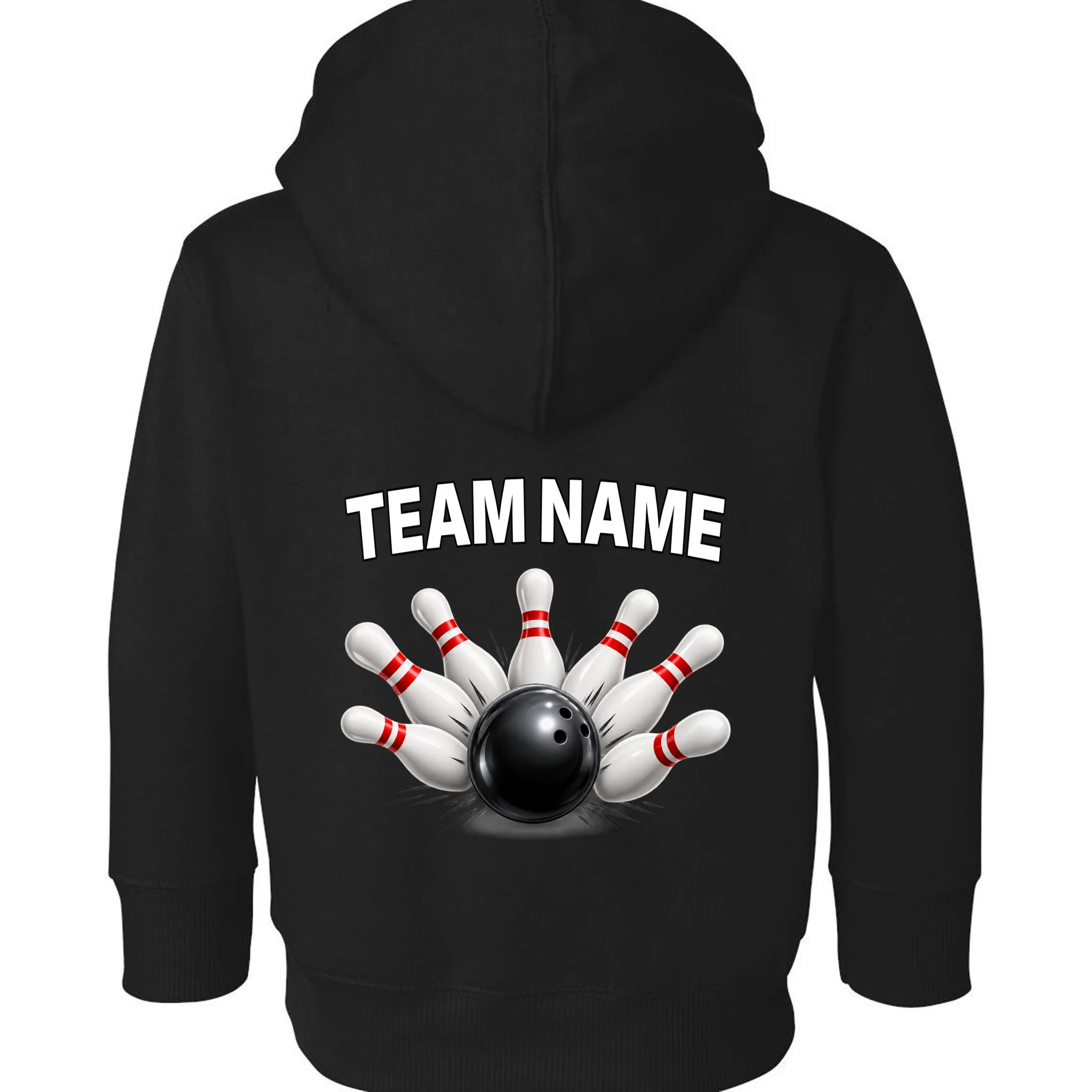 Bowling Team Name & Player Name Personalized Gift - Custom Bowling Pins and Ball Design Toddler Hoodie - Back - Close-up