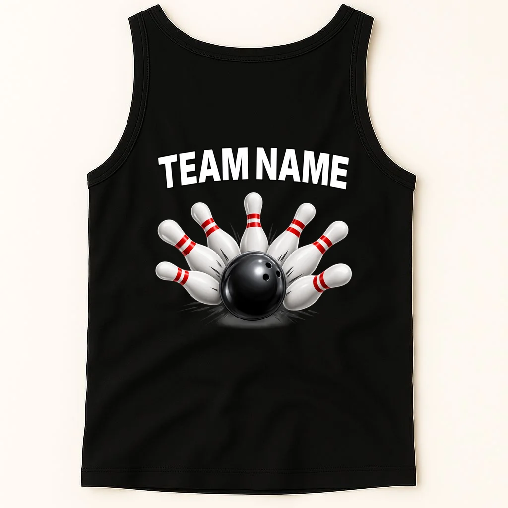 Bowling Team Name & Player Name Personalized Gift - Custom Bowling Pins and Ball Design Men's Tank Top - Back 1