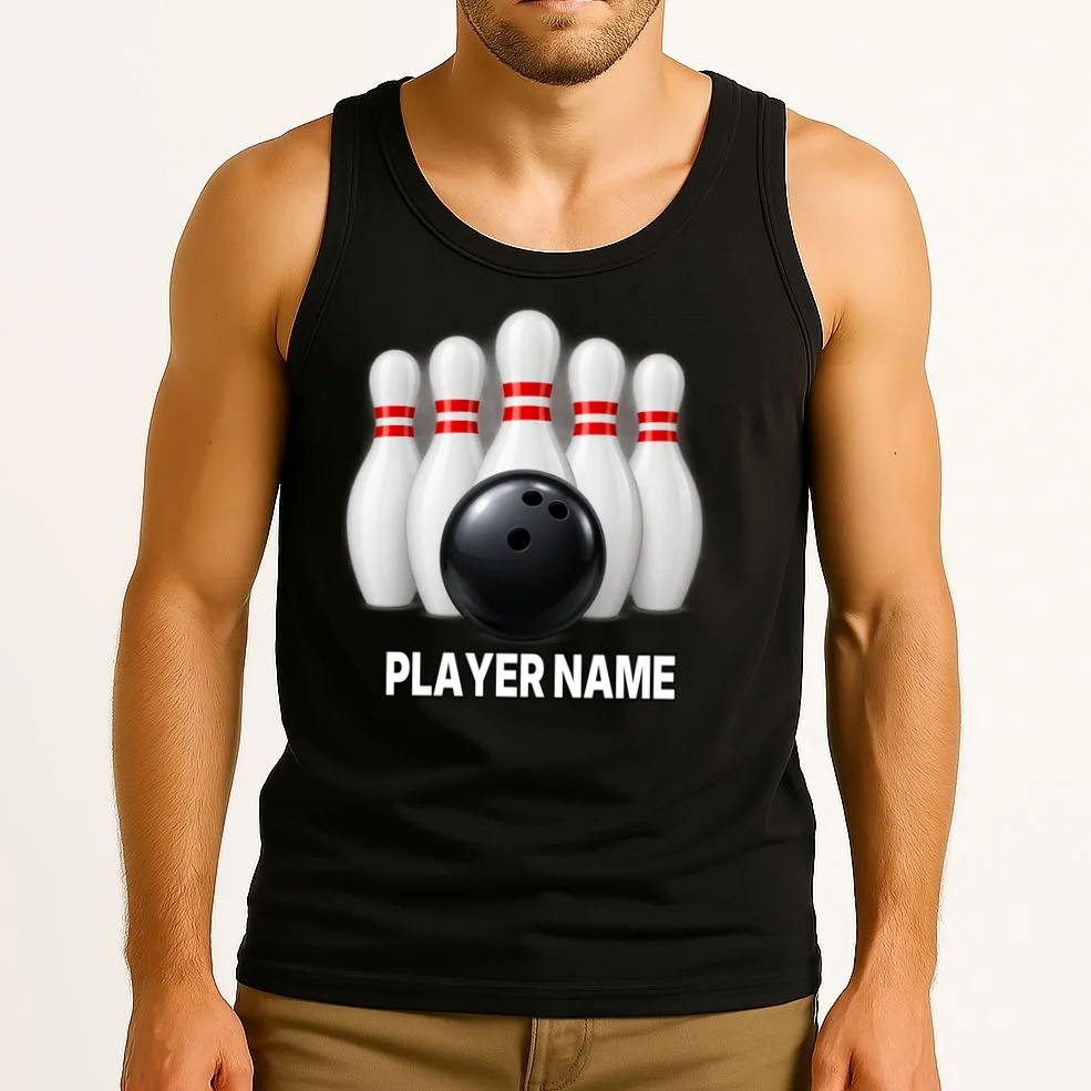 Bowling Team Name & Player Name Personalized Gift - Custom Bowling Pins and Ball Design Men's Tank Top - Front 2