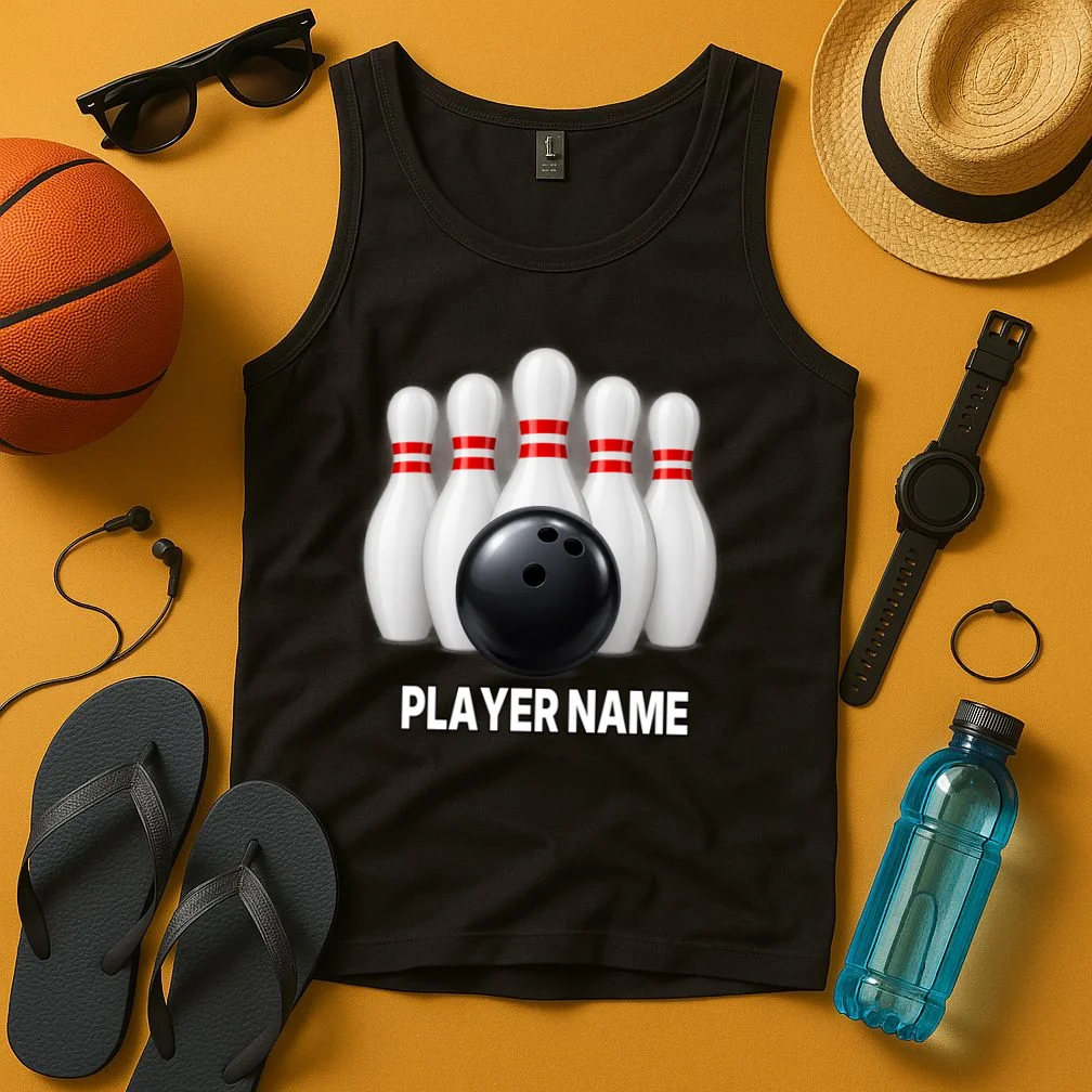 Bowling Team Name & Player Name Personalized Gift - Custom Bowling Pins and Ball Design Men's Tank Top - Front 3